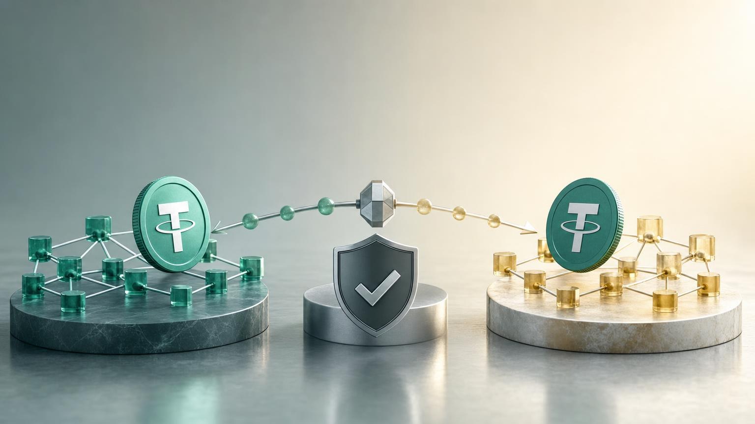 Darstellung einer USDT-Übertragung zwischen zwei Blockchain-Netzwerken mit Prüfschritten für Adresse, Netzwerk und Transaktionsstatus
